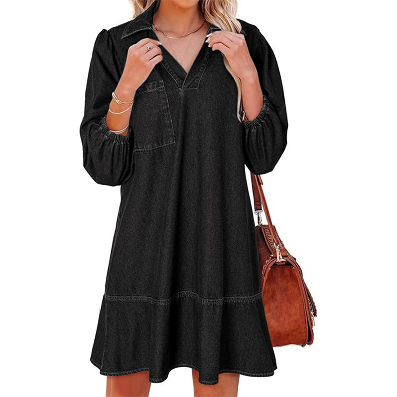 Casual V-Neck Three-Quarter Puffed Sleeve Denim Dress