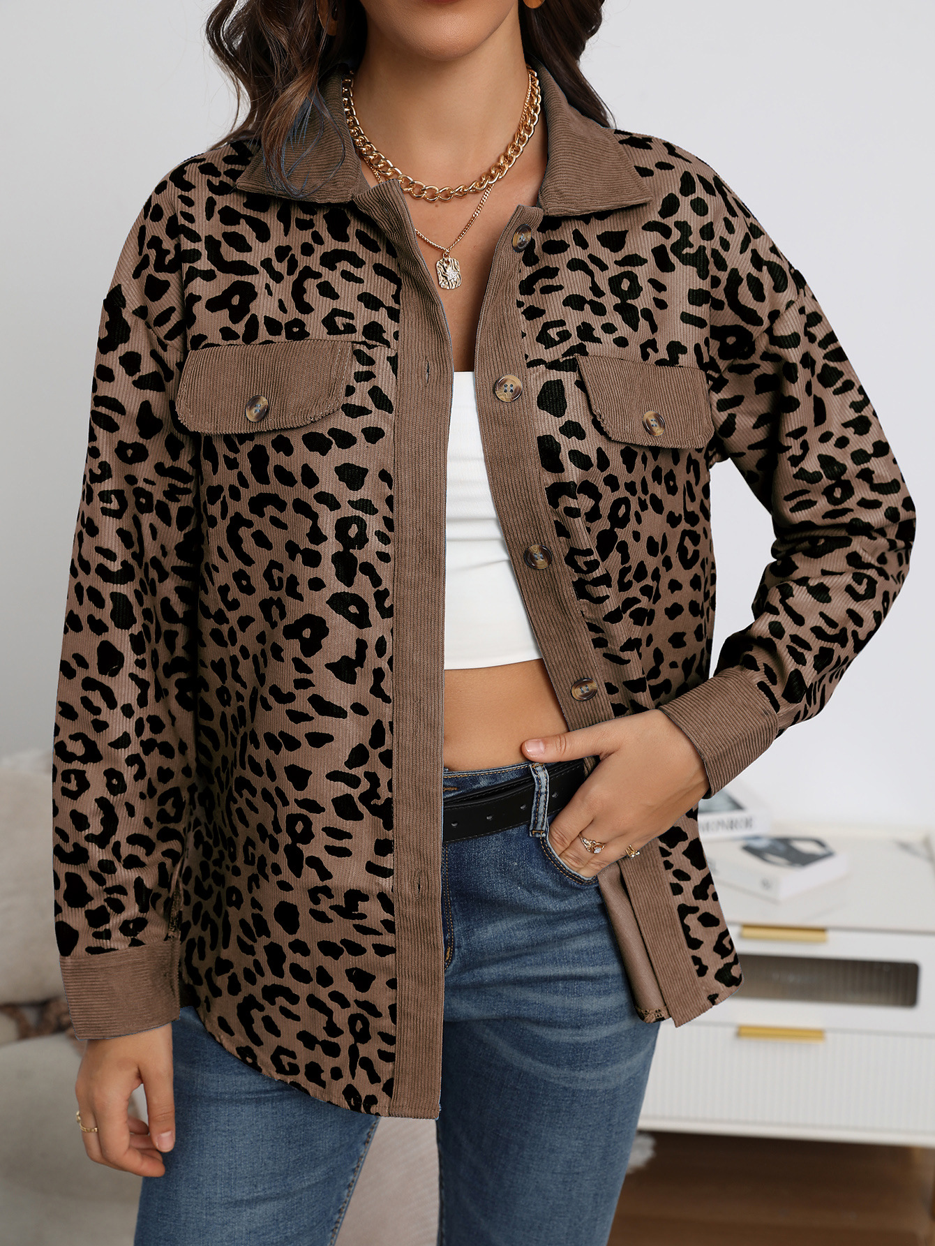 Plus Size Casual Jacket, Women's Plus Plain Leopard Print Flap Detail Long Sleeve Lapel Collar Button Decor Jacket