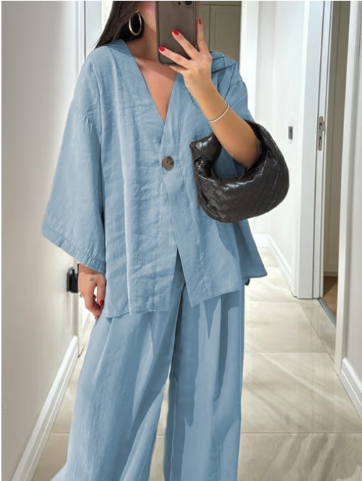 Casual Loose V-Neck Wide-Leg Pants Button Set