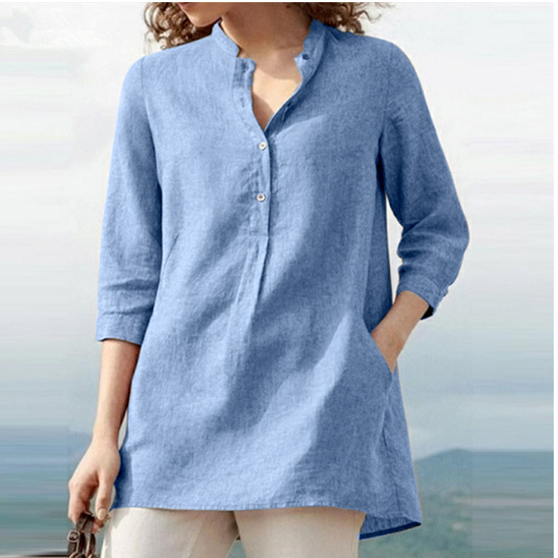 Solid Color Three-Quarter Sleeve Stand-Up Collar Cotton And Linen Shirt