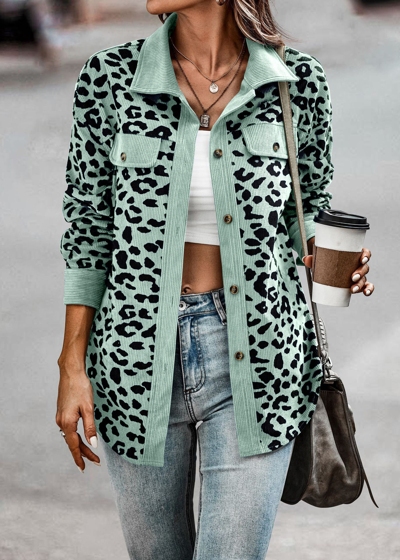 Plus Size Casual Jacket, Women's Plus Plain Leopard Print Flap Detail Long Sleeve Lapel Collar Button Decor Jacket