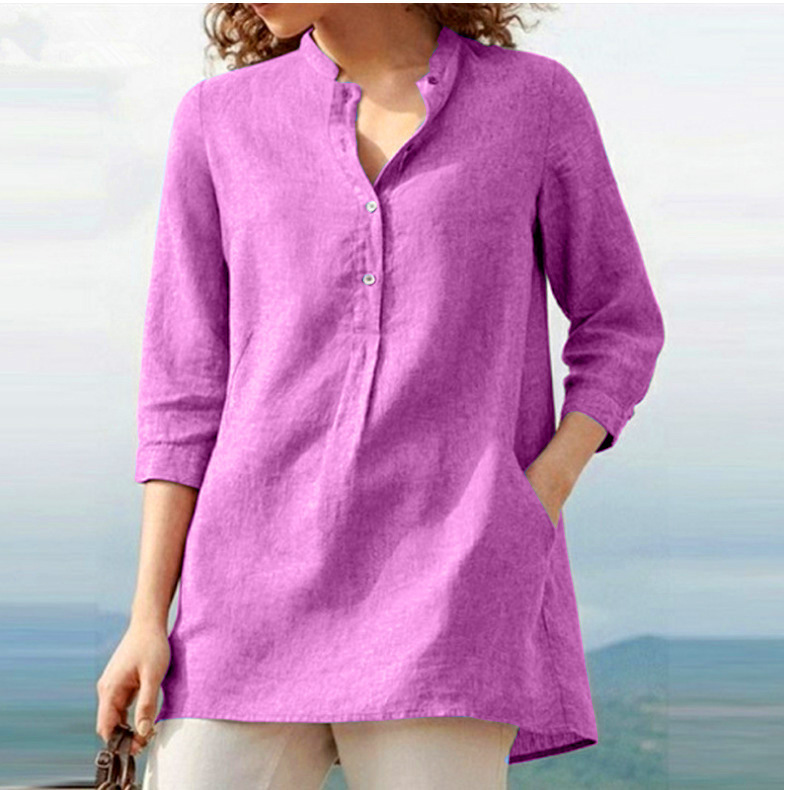 Solid Color Three-Quarter Sleeve Stand-Up Collar Cotton And Linen Shirt