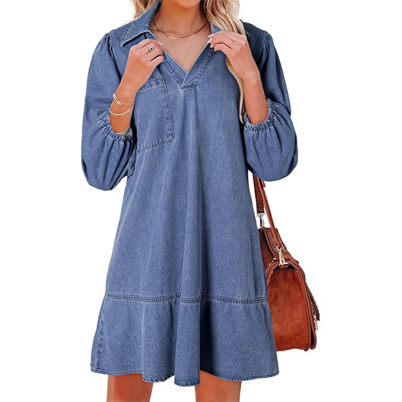 Casual V-Neck Three-Quarter Puffed Sleeve Denim Dress