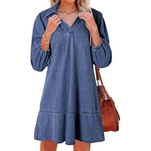 Casual V-Neck Three-Quarter Puffed Sleeve Denim Dress