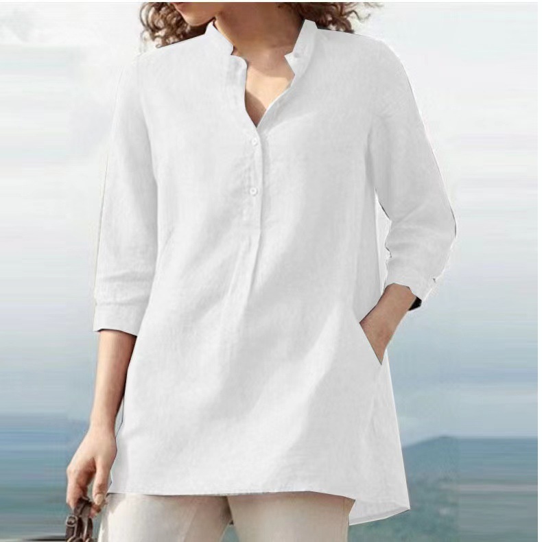 Solid Color Three-Quarter Sleeve Stand-Up Collar Cotton And Linen Shirt