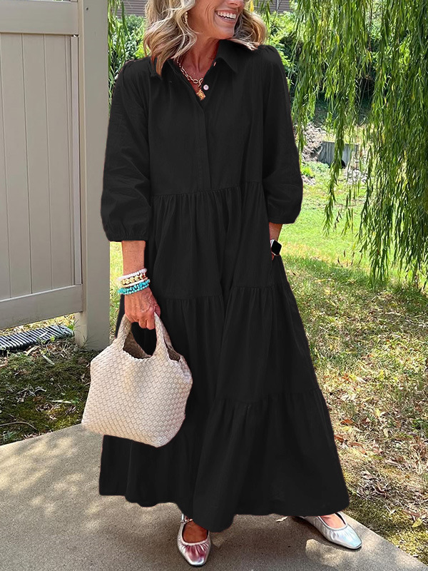 A Casual Loose Lapel Mid-Sleeved Large-Sleeved Long Dress