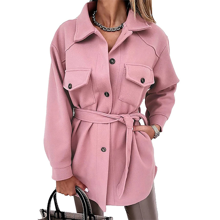 Women's long sleeve temperament solid color lapel single breasted belt woolen coat