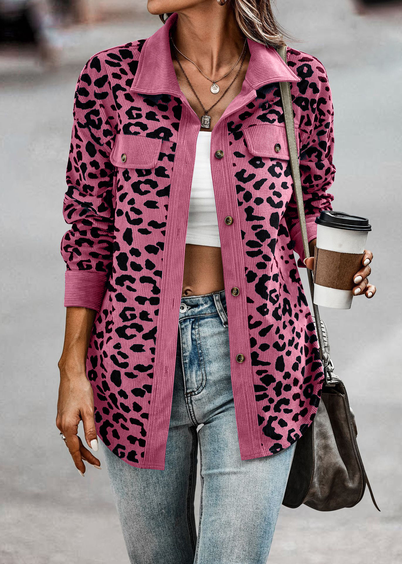 Plus Size Casual Jacket, Women's Plus Plain Leopard Print Flap Detail Long Sleeve Lapel Collar Button Decor Jacket