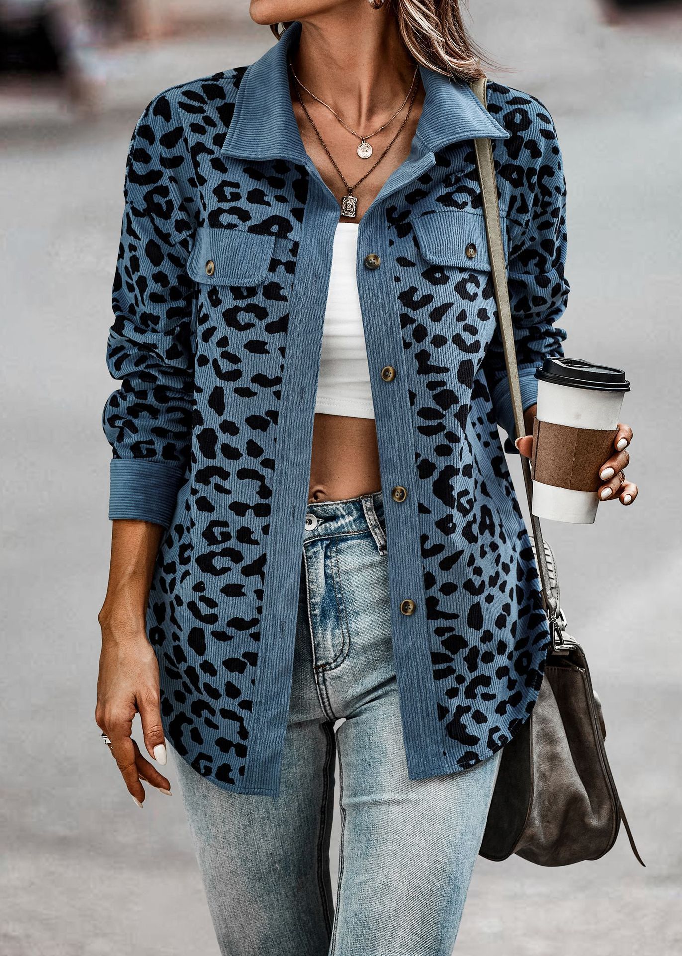 Plus Size Casual Jacket, Women's Plus Plain Leopard Print Flap Detail Long Sleeve Lapel Collar Button Decor Jacket