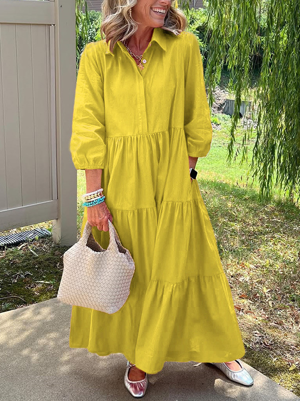 A Casual Loose Lapel Mid-Sleeved Large-Sleeved Long Dress