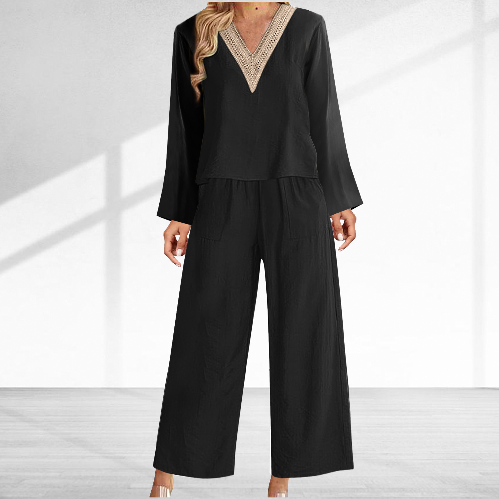 2024 spring and summer new V-neck cotton and linen casual women's long-sleeved trousers suit