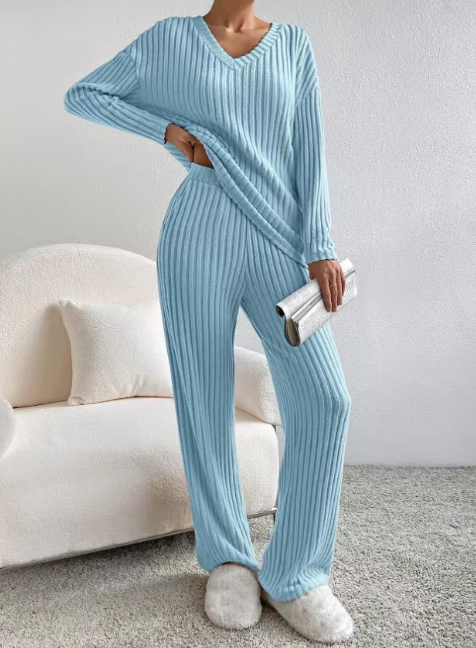 New autumn and winter straight pants loose V-neck pit stripe knitted set