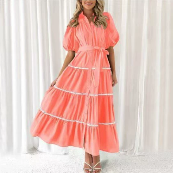 Puff Sleeve Lace Layered Pleated Dress