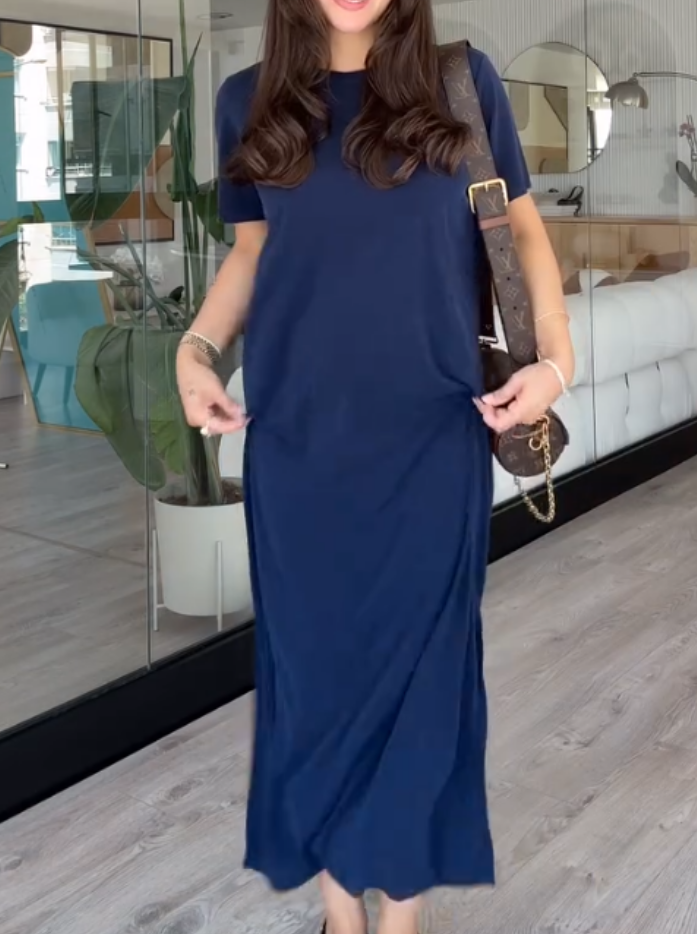 Casual round neck modal side slit dress