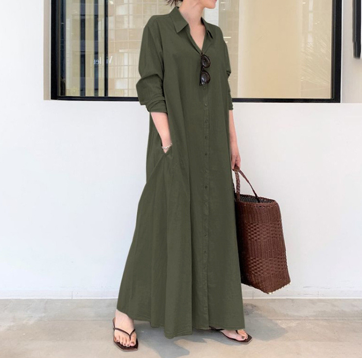 Solid Color Cotton Linen Lapel Simple Dress