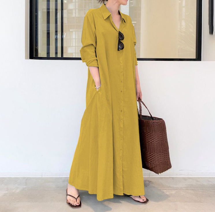Solid Color Cotton Linen Lapel Simple Dress