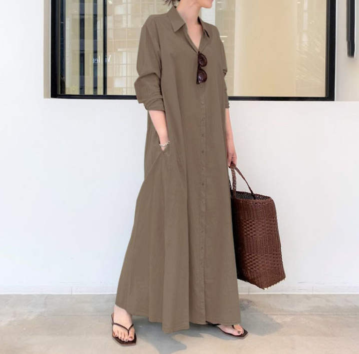 Solid Color Cotton Linen Lapel Simple Dress
