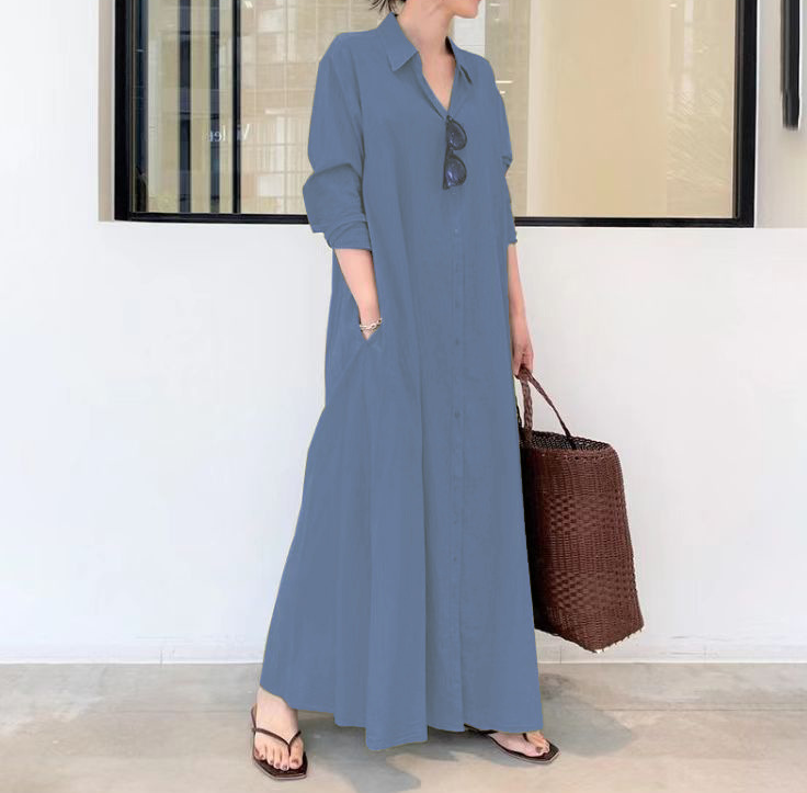 Solid Color Cotton Linen Lapel Simple Dress