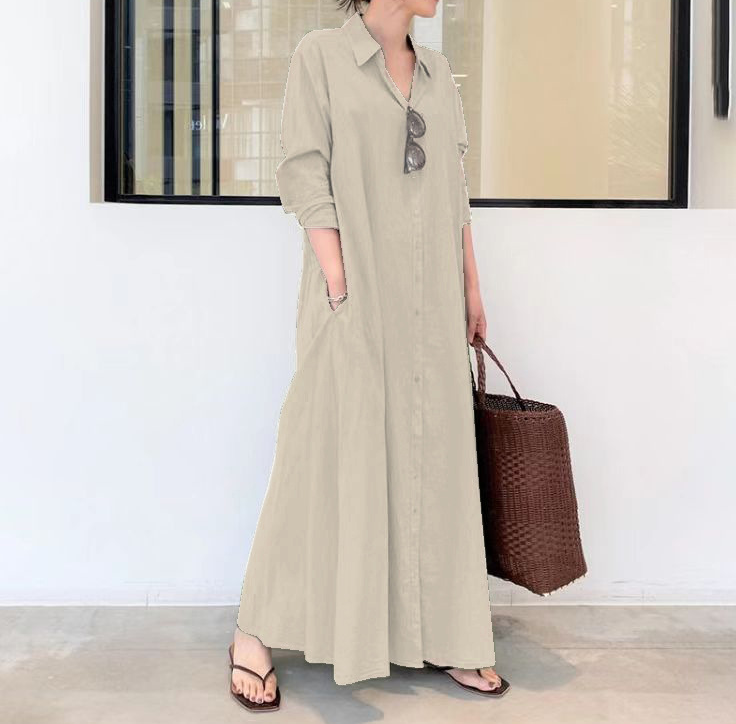 Solid Color Cotton Linen Lapel Simple Dress