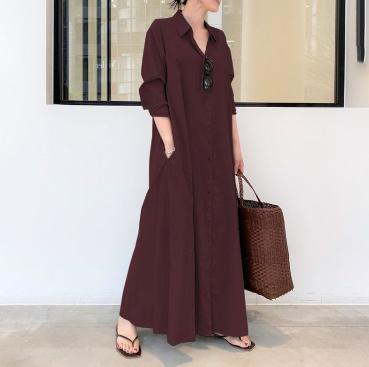 Solid Color Cotton Linen Lapel Simple Dress