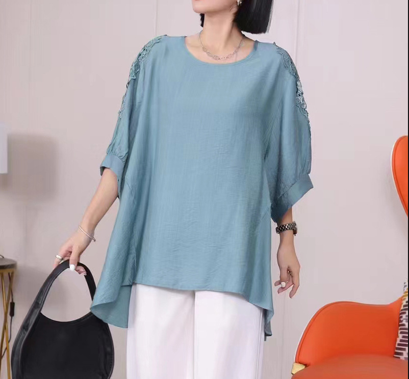 Baggy Crew Neck Bat-Sleeved Mid-Sleeve T-Shirt