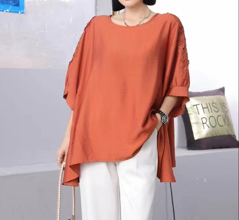 Baggy Crew Neck Bat-Sleeved Mid-Sleeve T-Shirt