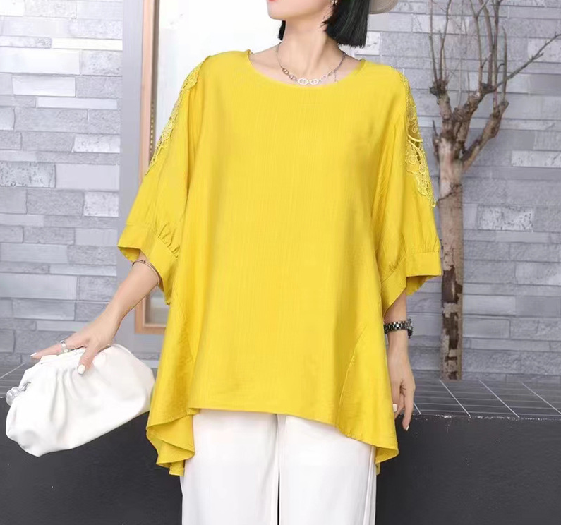 Baggy Crew Neck Bat-Sleeved Mid-Sleeve T-Shirt