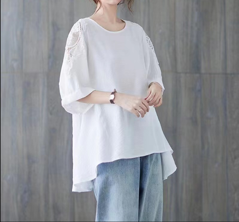 Baggy Crew Neck Bat-Sleeved Mid-Sleeve T-Shirt