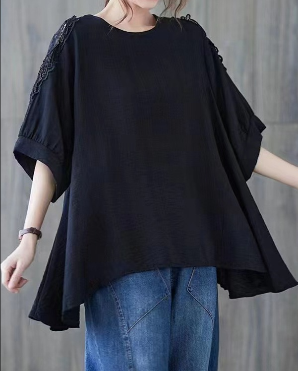 Baggy Crew Neck Bat-Sleeved Mid-Sleeve T-Shirt