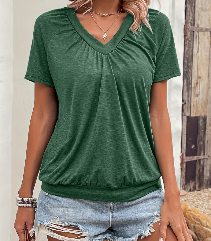 V-Neck Casual Pleated Ruffle Sleeve T-Shirt