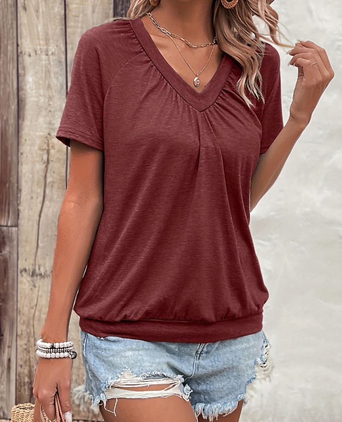 V-Neck Casual Pleated Ruffle Sleeve T-Shirt