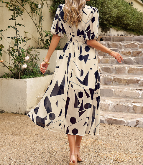 High-Elasticity Deep V-Neck Printed Long Dress