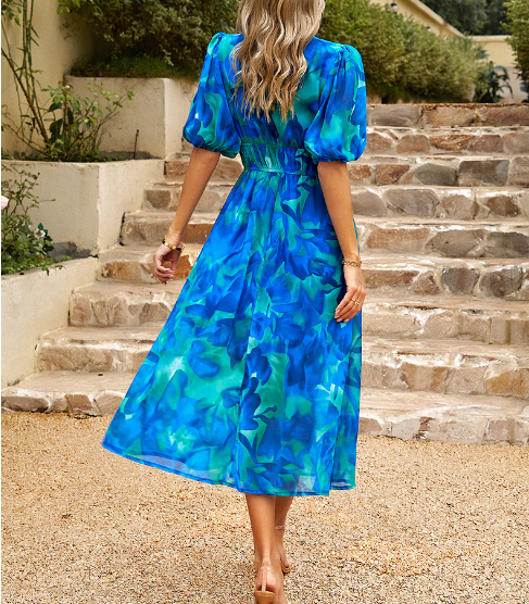 High-Elasticity Deep V-Neck Printed Long Dress