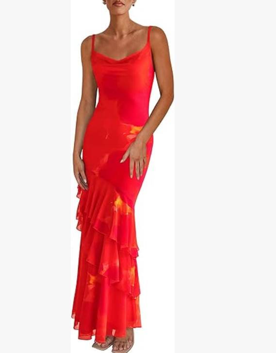 Women's Spaghetti Strap Layered Sun Print Dress