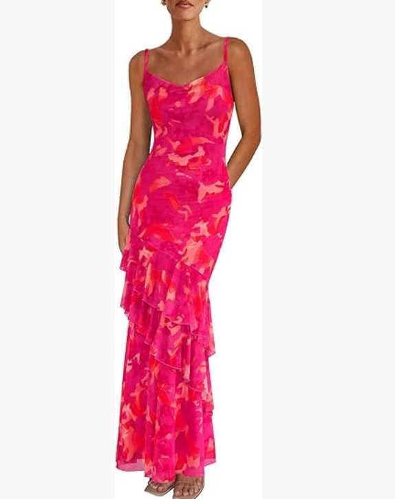 Women's Spaghetti Strap Layered Sun Print Dress