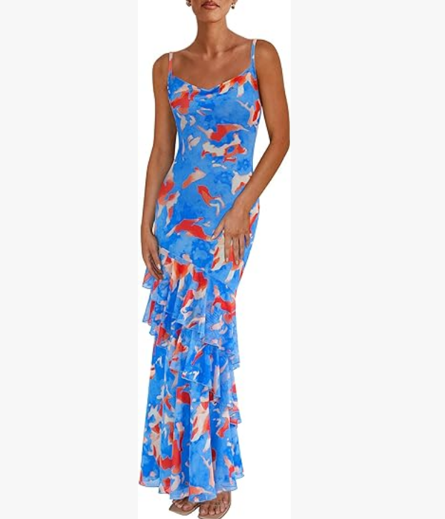 Women's Spaghetti Strap Layered Sun Print Dress