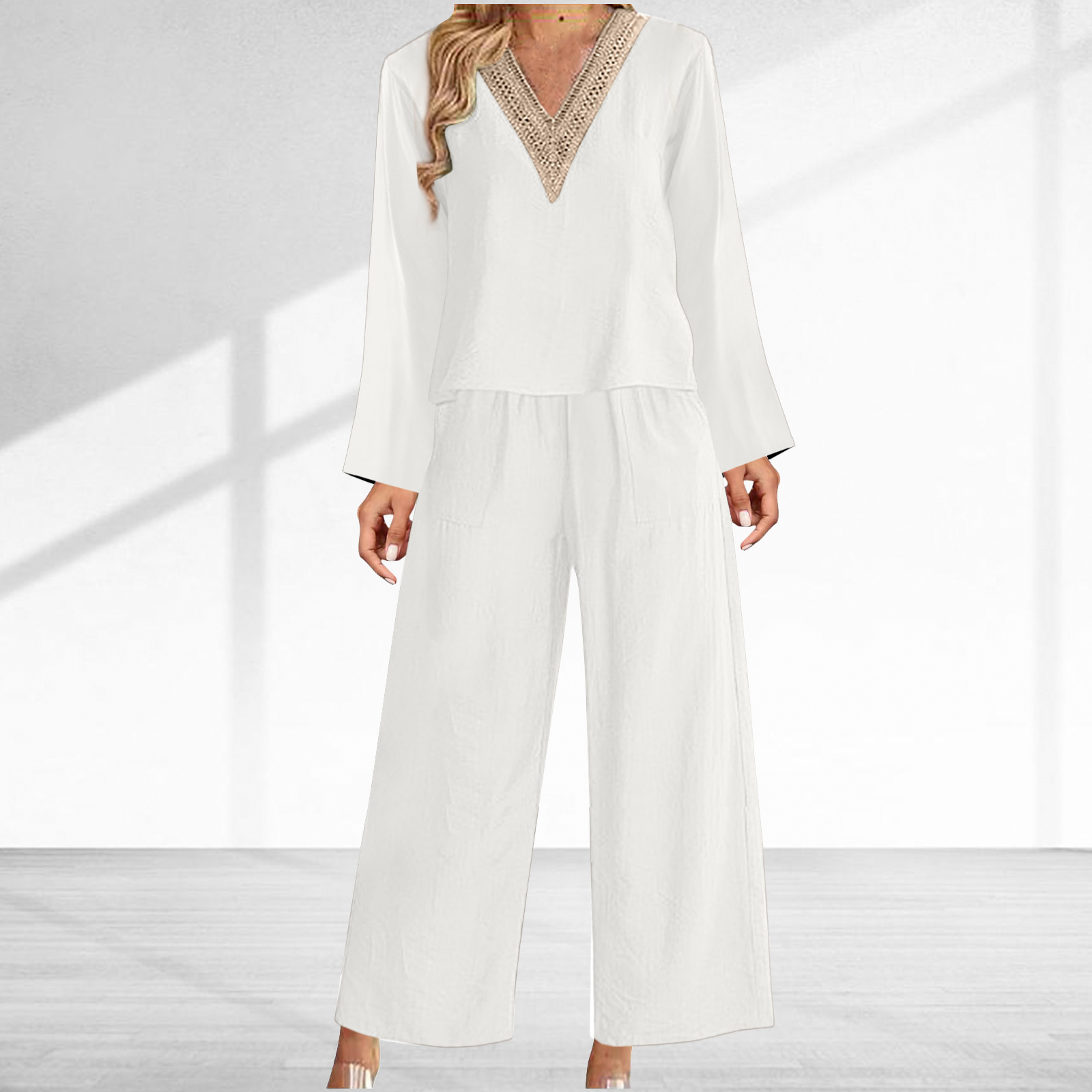 2024 spring and summer new V-neck cotton and linen casual women's long-sleeved trousers suit