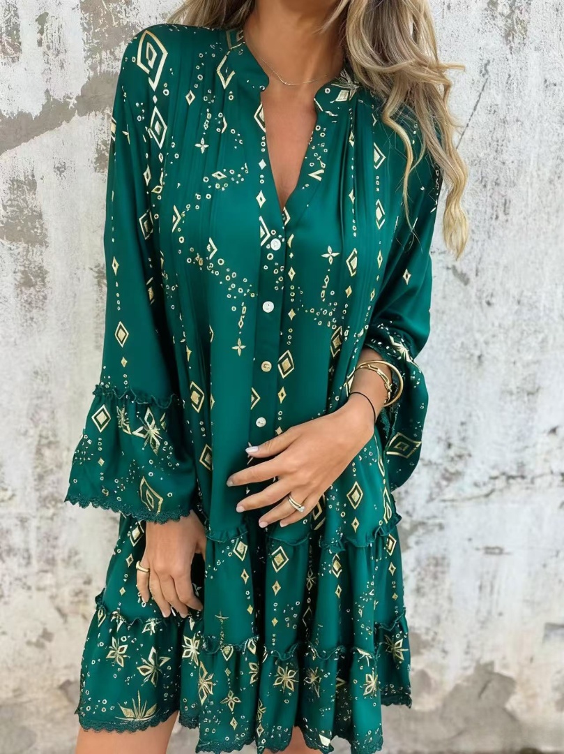 Limited Time Discount 🔥New Hot Stamping Lace Trumpet Sleeve Hollow Dress