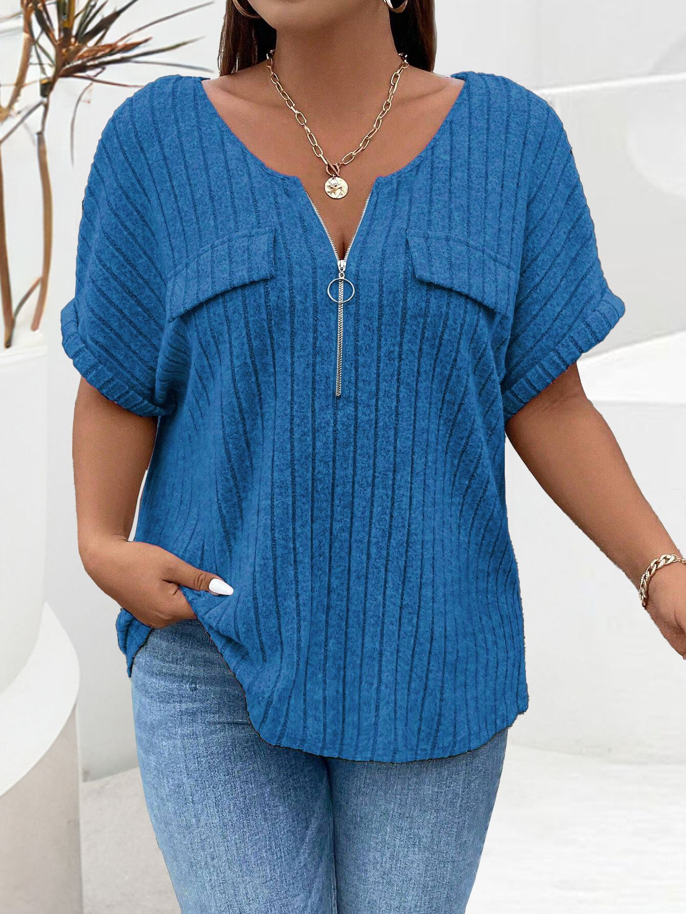 Loose zip-up short-sleeved pullover T-shirt