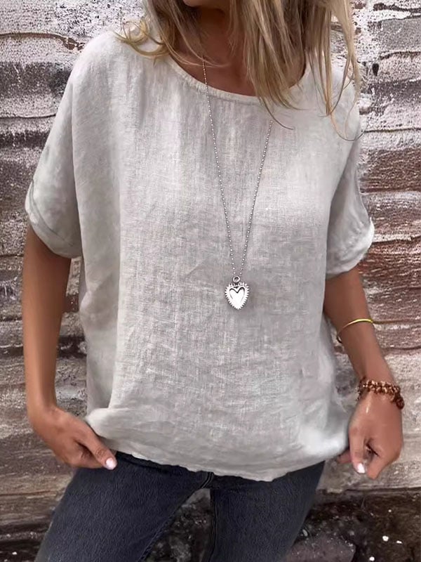 Round Neck Short Sleeve Cotton and Linen Top (Buy 2 Free Shipping)