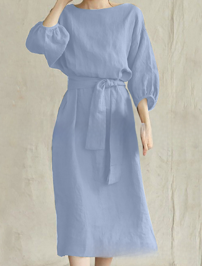 2026 Mid-length Tie-waist Solid Color Round Neck Dress