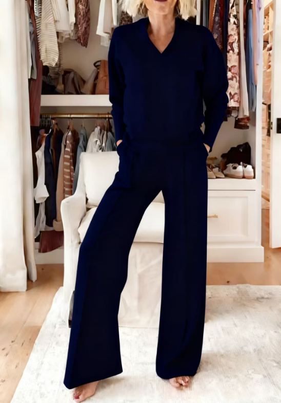 2025 Casual V-neck loose wide-leg pants two-piece suit
