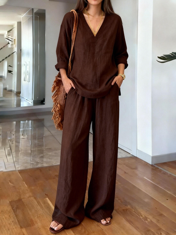 2026 Casual solid color V-neck cotton and linen two-piece set