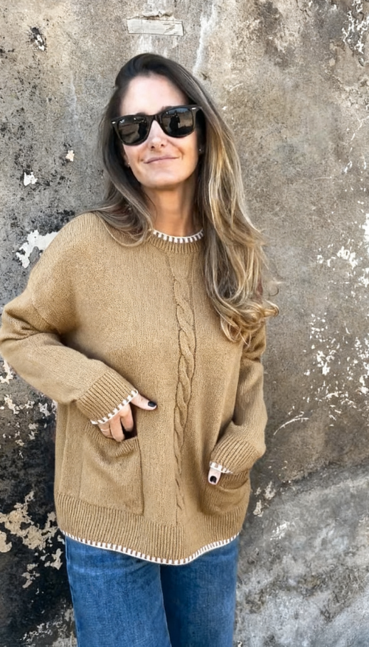 CLEARANCE SALE🔥2025 Round Neck Loose Knitted Contrast Pocket Sweater