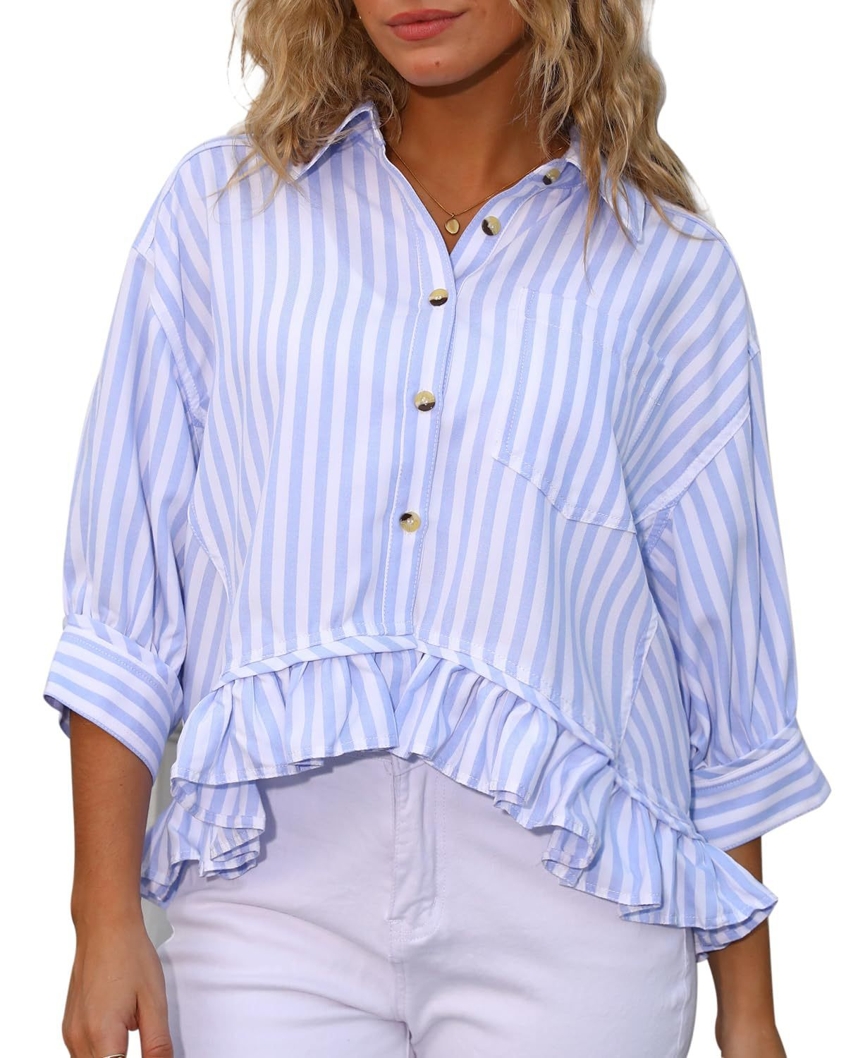 2026 Loose-fitting striped lace hem five-quarter sleeve shirt