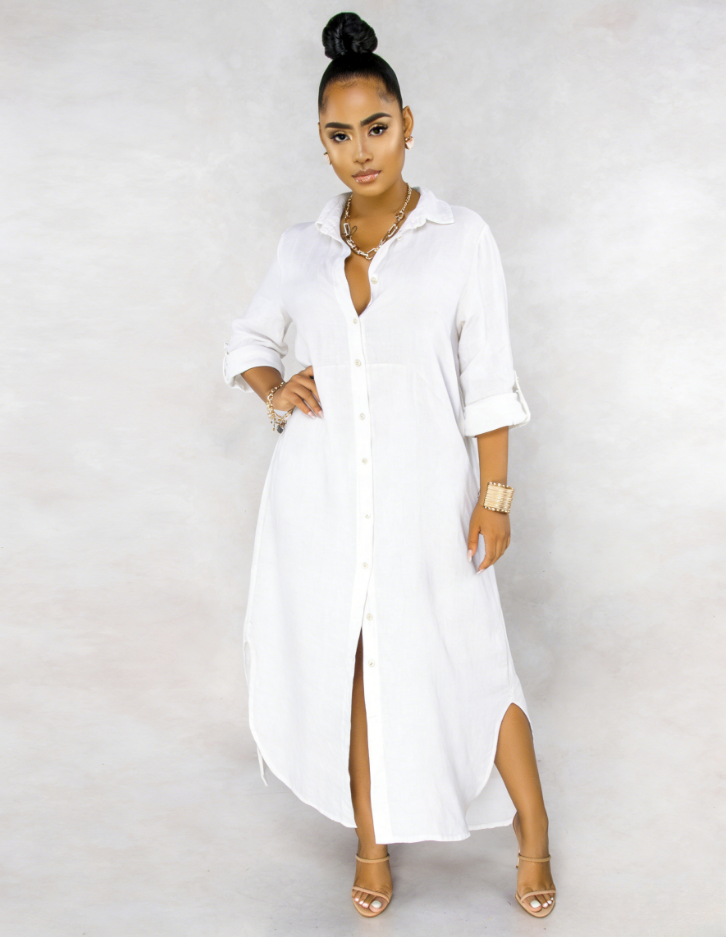 2026🔥 Three-quarter sleeve rolled hem side slit shirt dress