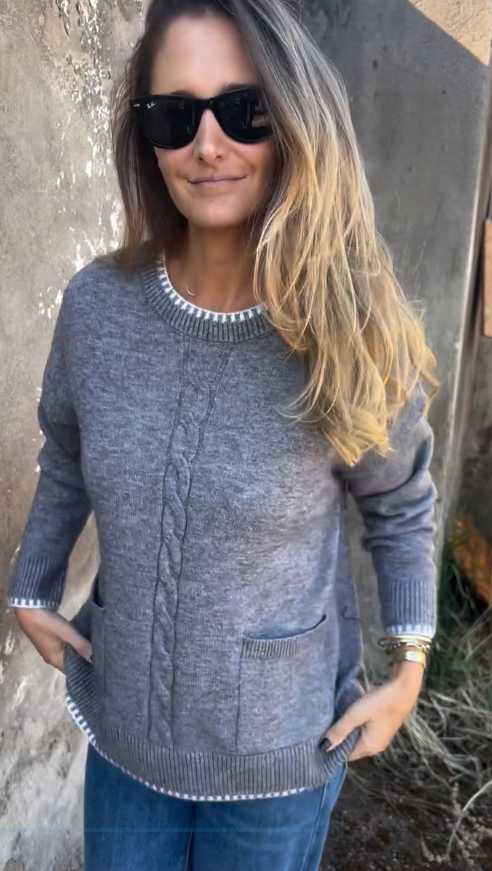 CLEARANCE SALE🔥2025 Round Neck Loose Knitted Contrast Pocket Sweater