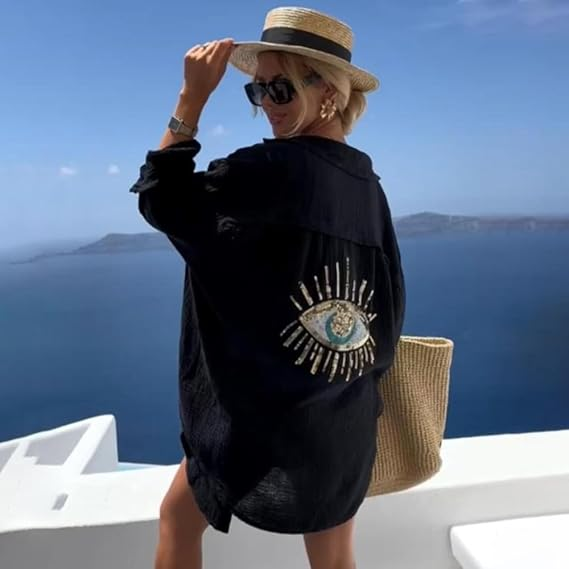 Loose-fitting linen sequined beach shirt