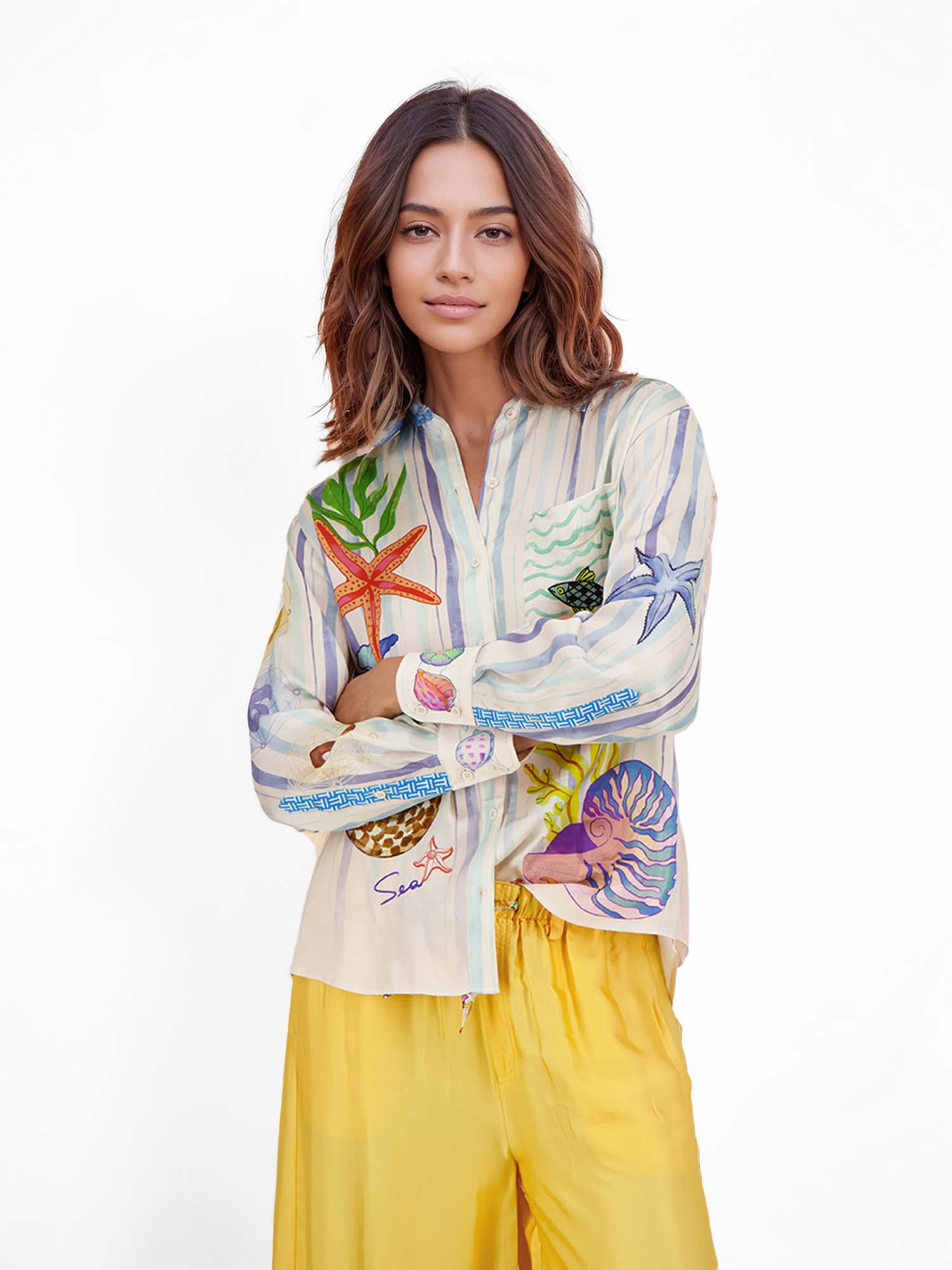Seashell Print Belted Vacation Shirt