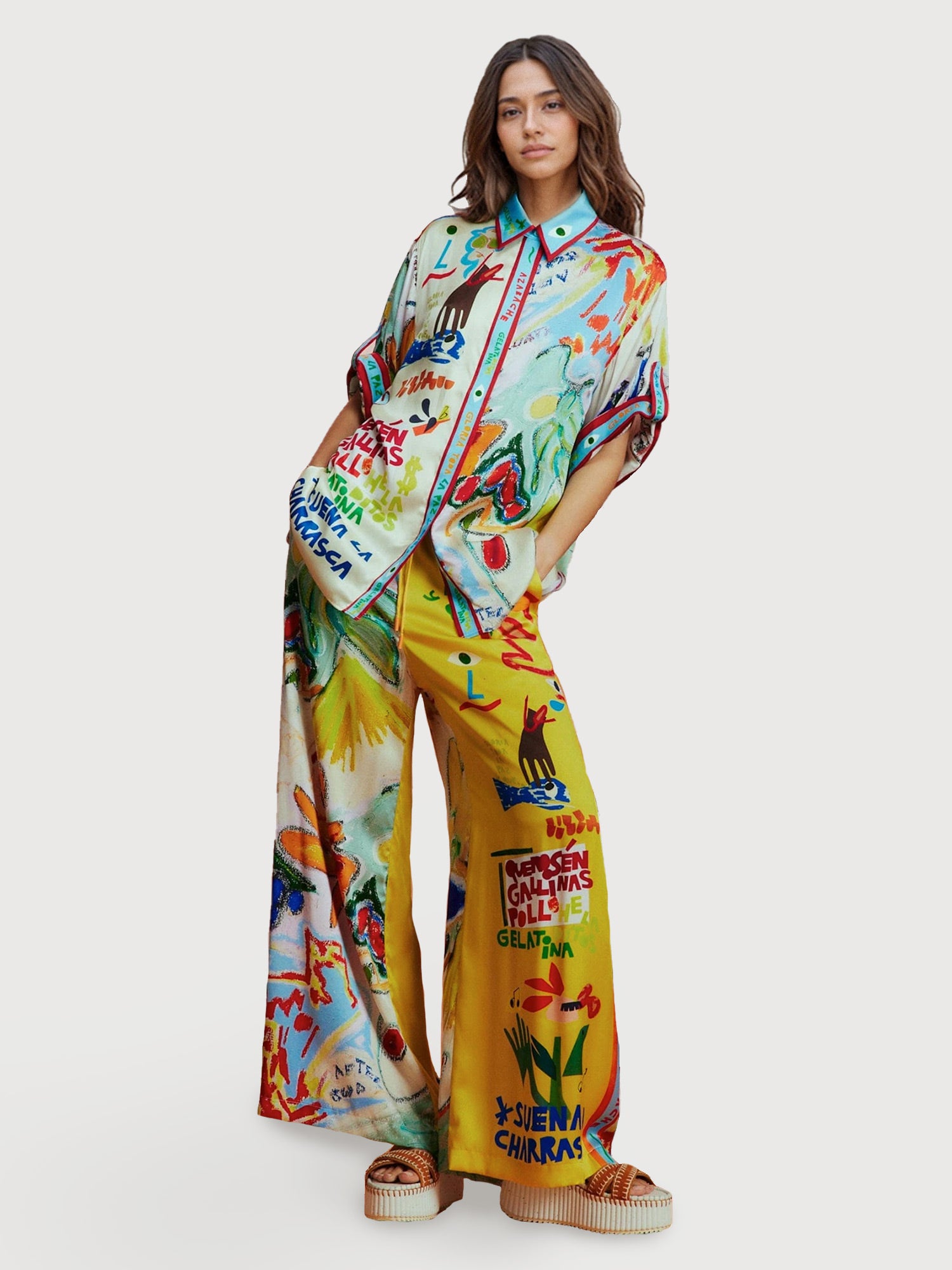 Vibrant Art Print Wide-Leg Pants